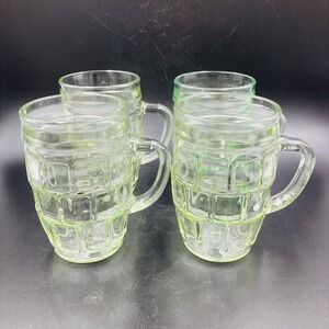 Root Beer Barrel Handled Mugs, Set of 4, 8 Ounce, Vintage, Green Tint Glass
